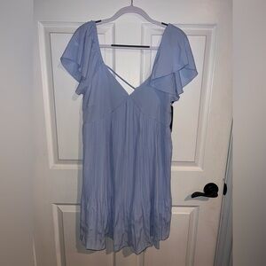 Chic Backless Blue Dress with Flutter Sleeves